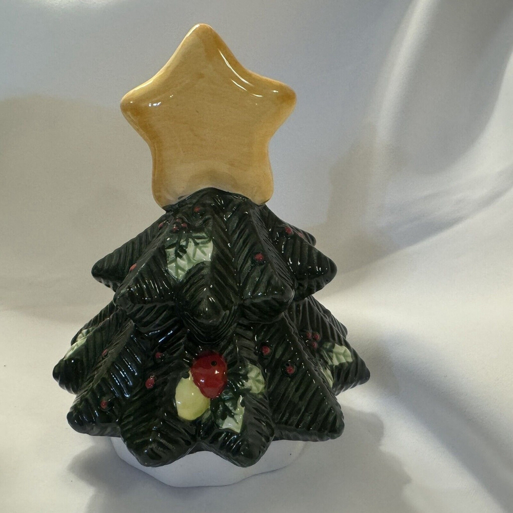 Vintage 13.5” Christmas tree Ceramic cookie jar w/snowmen presents birdhouses - Picture 11 of 16